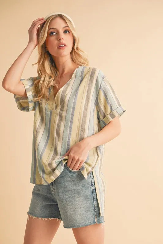 Image of Aemi+Co Side Slit Striped Short Sleeve Blouse | Queeble.shop