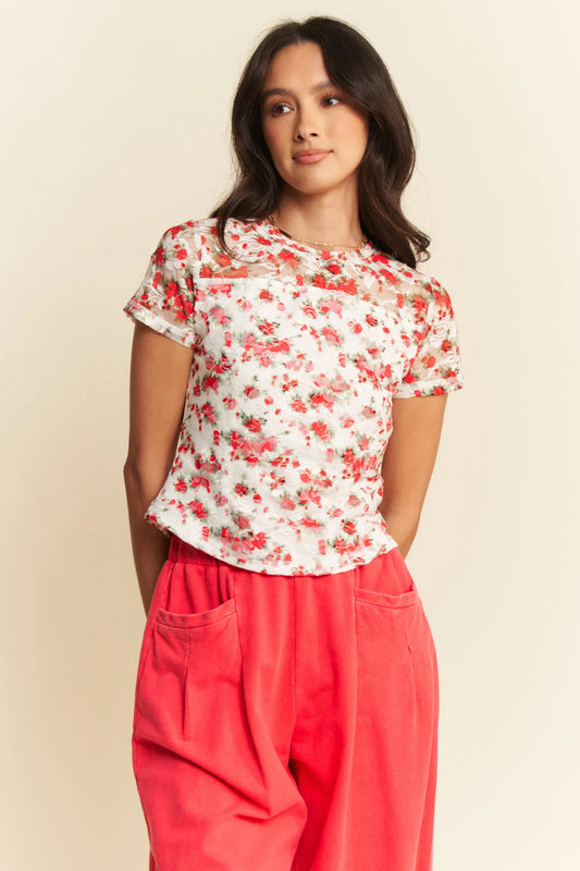 Image of Davi & Dani Ribbon Short Sleeve Layered Mesh Top | Queeble.shop
