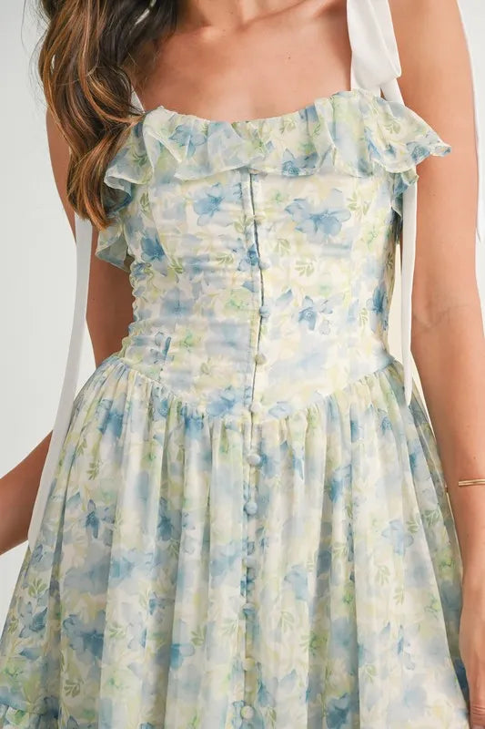 Image of MABLE Floral Printed Shoulder Strap Midi Dress | Queeble.shop