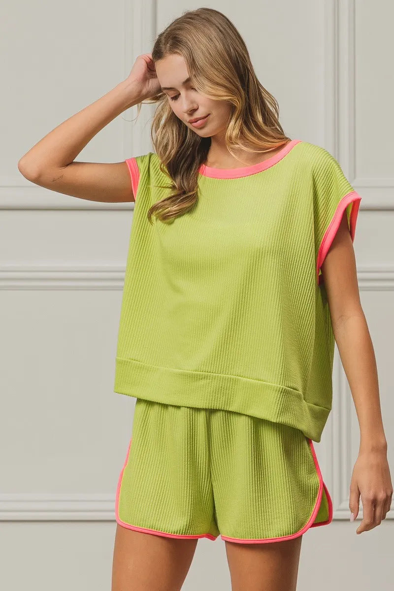 Image of BiBi Cord Rib Knit Contrast Banded Top | Queeble.shop