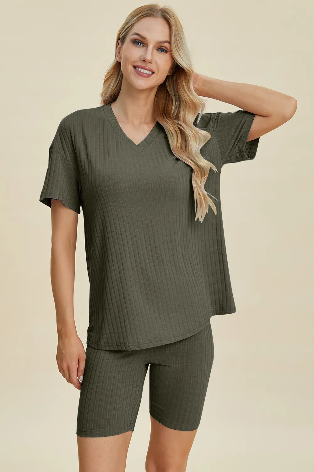 Image of Basic Bae Full Size Ribbed V-Neck Short Sleeve Top and Shorts Set | Queeble.shop