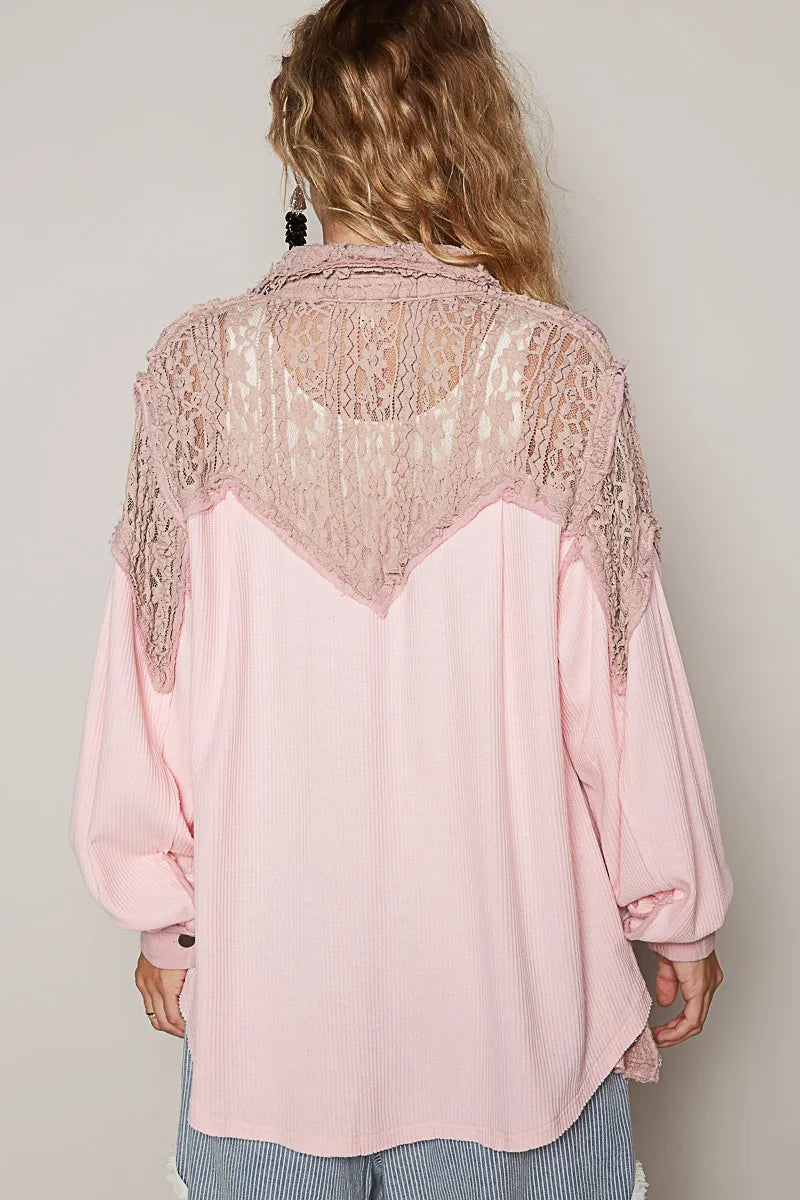Image of POL Lace Patchwork Button Up Shacket | Queeble.shop