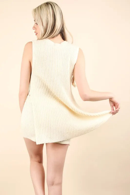 Image of VERY J Slit Round Neck Top and Shorts Sweater Set | Queeble.shop