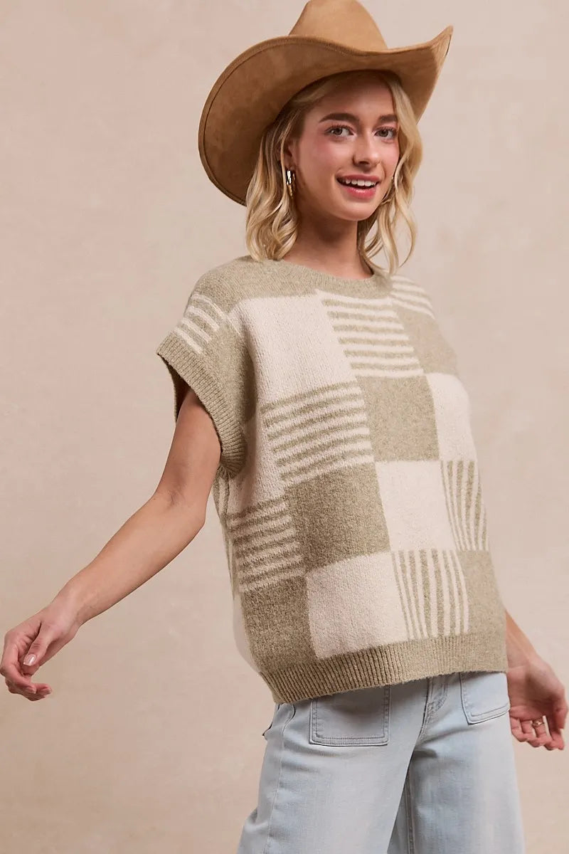 Image of BiBi Checker With Stripes Pattern Sleeveless Sweater | Queeble.shop