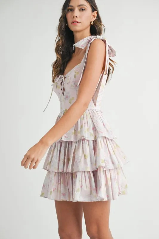 Image of MABLE Floral Print Shoulder Tie Layered Mini Dress | Queeble.shop