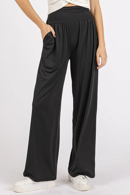 Image of Mittoshop Stretch Banded Waist Wide Leg Pants with Pockets | Queeble.shop