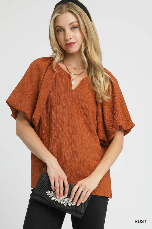 Image of Umgee Textured Flutter Sleeve Notch Neck Top | Queeble.shop
