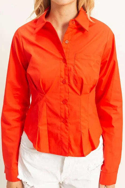 Image of HYFVE Long Sleeve Pleated Waist Poplin Shirt | Queeble.shop