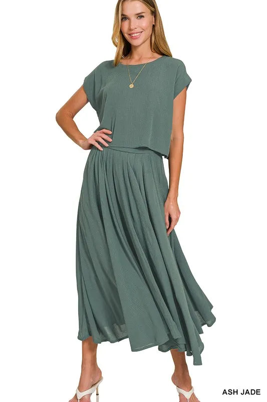 Image of Zenana Woven Crinkle Gauze Crop Tee and Skirt Set | Queeble.shop