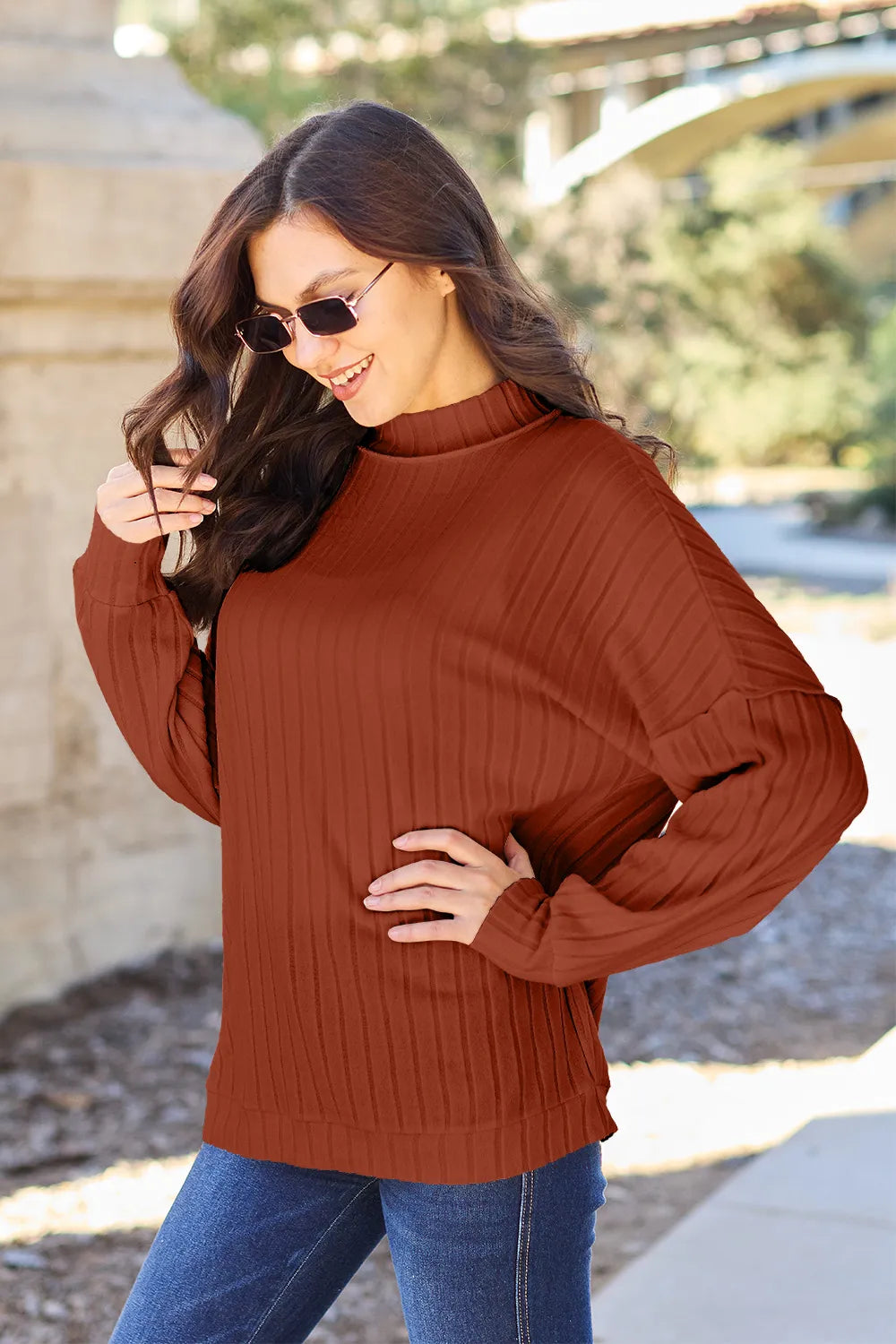 Image of Basic Bae Full Size Ribbed Exposed Seam Mock Neck Knit Top | Queeble.shop