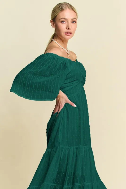 Image of Davi & Dani Swiss Dotted Ruched Ruffle Open Back Midi Dress | Queeble.shop