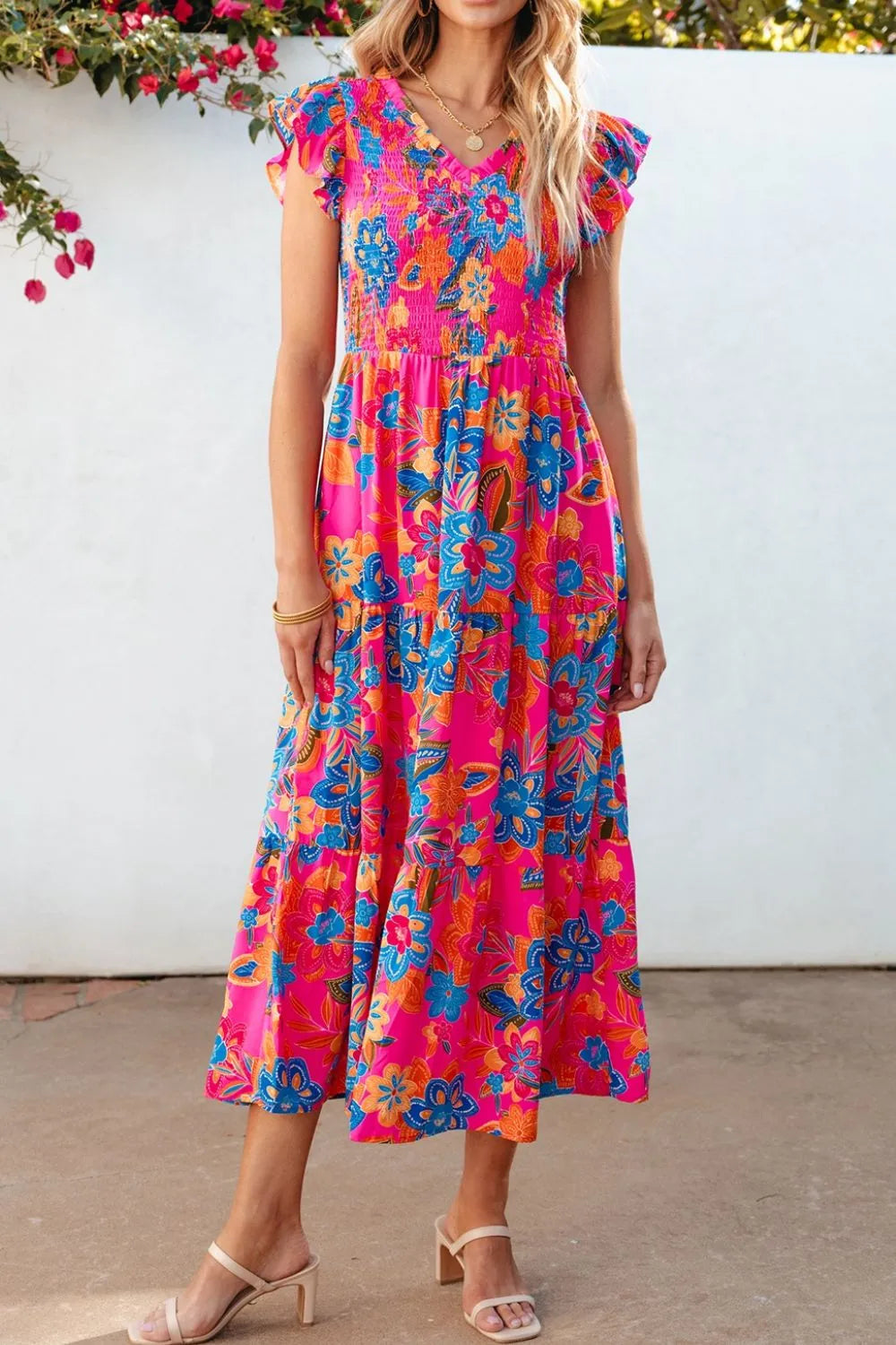 Image of Boho Floral V Neck Ruffle Tiered Dress | Queeble.shop