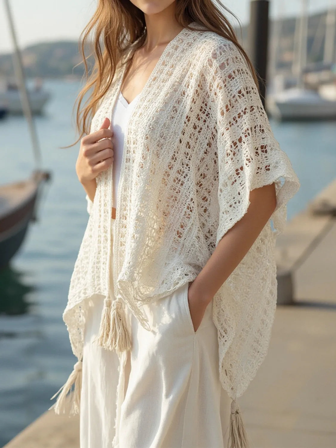 Image of Openwork Tassel Open Front Knit Cover Up | Queeble.shop
