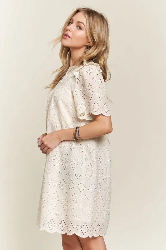 Image of ADORA Ruffled Eyelet Round Neck Dress | Queeble.shop