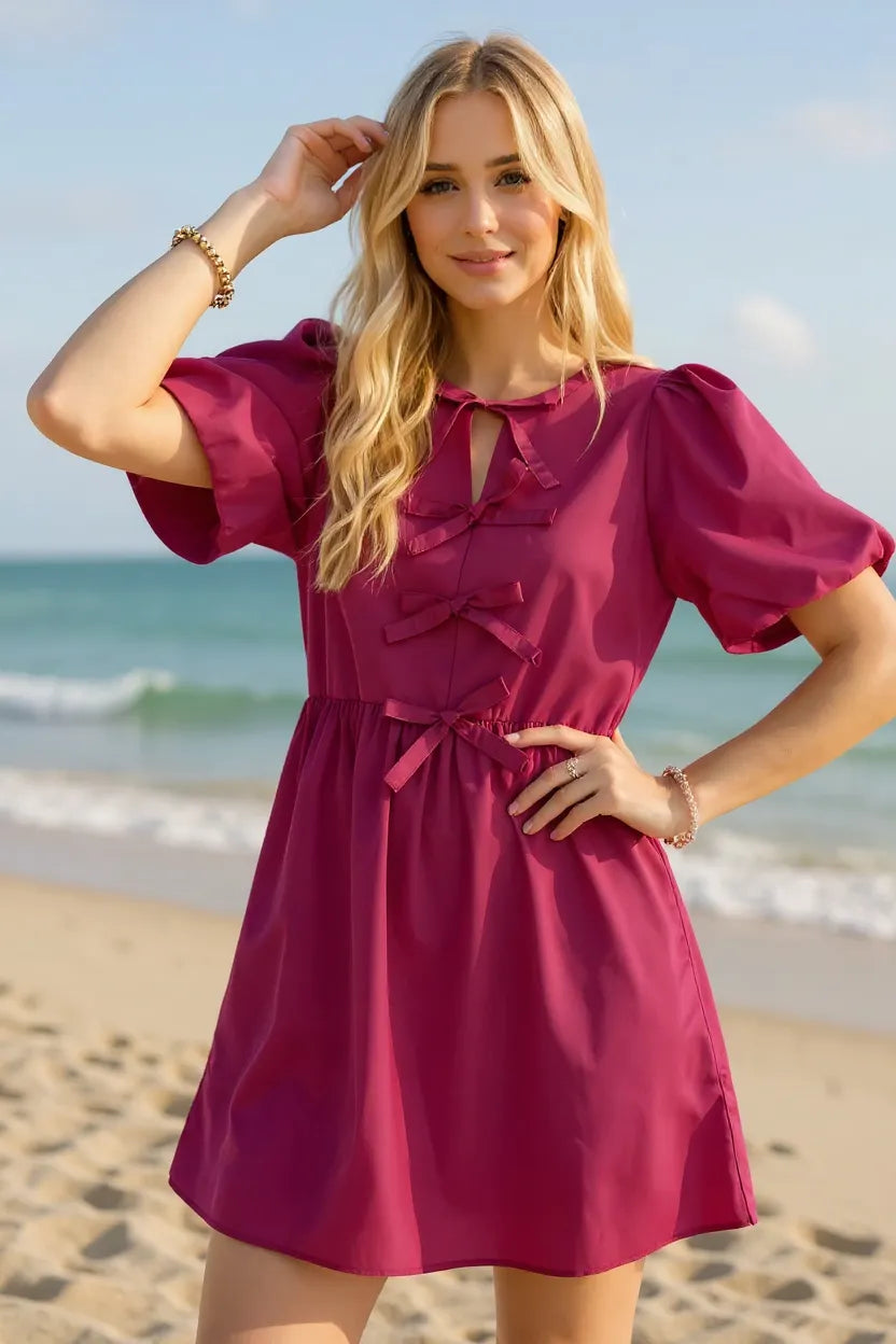 Image of Oh Bow Ruched Puff Sleeve Mini Dress | Queeble.shop