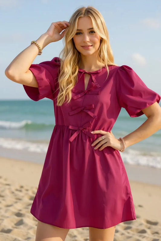 Image of Oh Bow Ruched Puff Sleeve Mini Dress | Queeble.shop