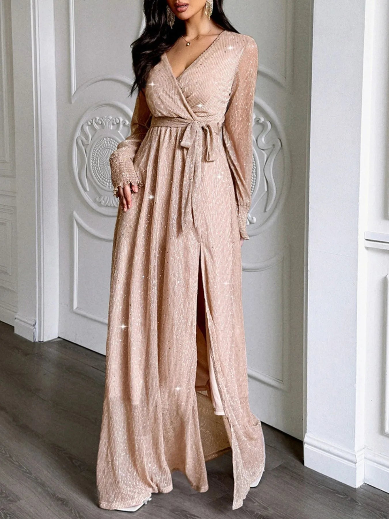 Image of Surplice Slit Tie Waist Maxi Dress | Queeble.shop