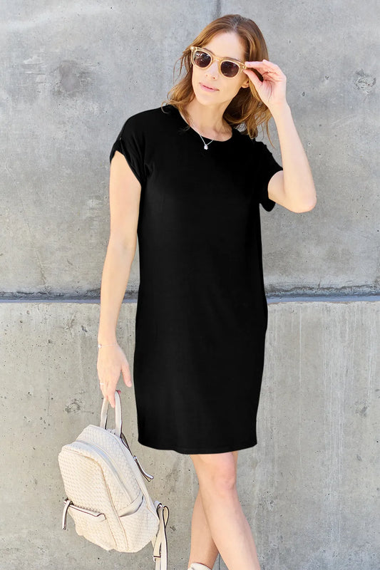 Image of Basic Bae Bamboo Full Size Round Neck Short Sleeve Dress with Pockets | Queeble.shop