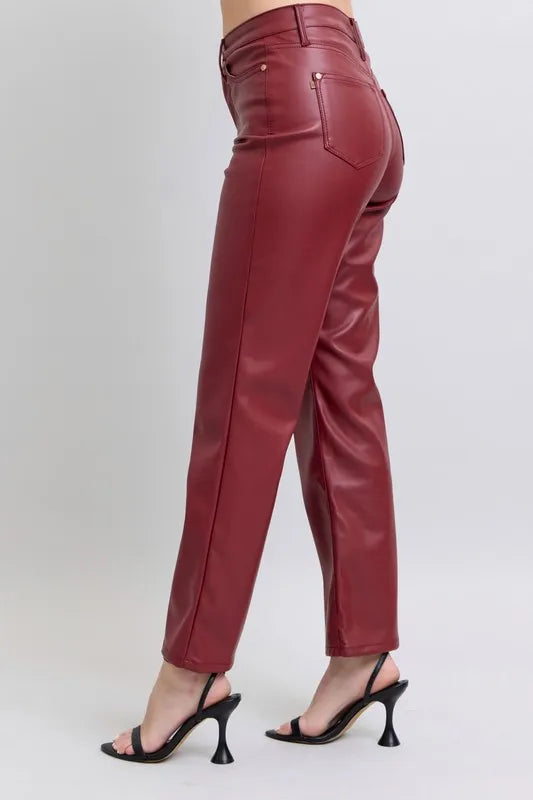 Image of Judy Blue Full Size High Waist Tummy Control Faux Leather Straight Pants Plus Size | Queeble.shop