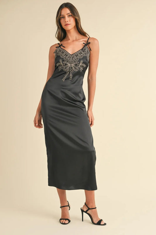 Image of Mable Embroidered Cami Satin Midi Slit Dress | Queeble.shop