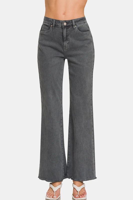 Image of Zenana Acid Washed Frayed Hem Bootcut Jeans | Queeble.shop