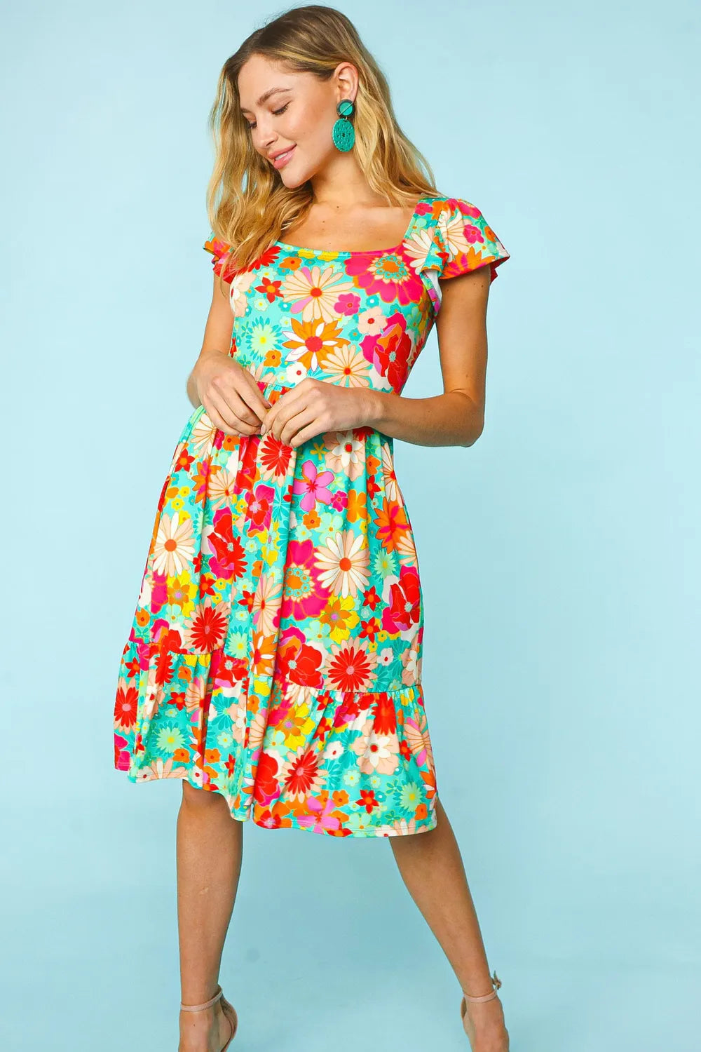 Image of Haptics Floral Square Neck Short Sleeve Dress | Queeble.shop