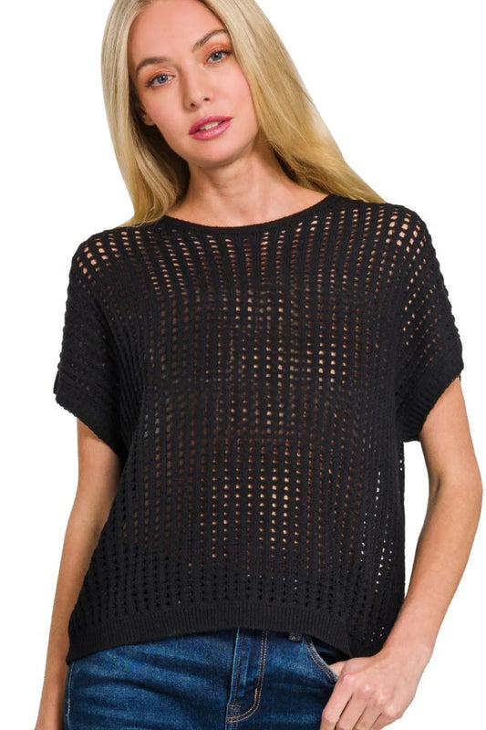 Image of Zenana Viscose Crochet Knit Sheer Hollow Sweater | Queeble.shop