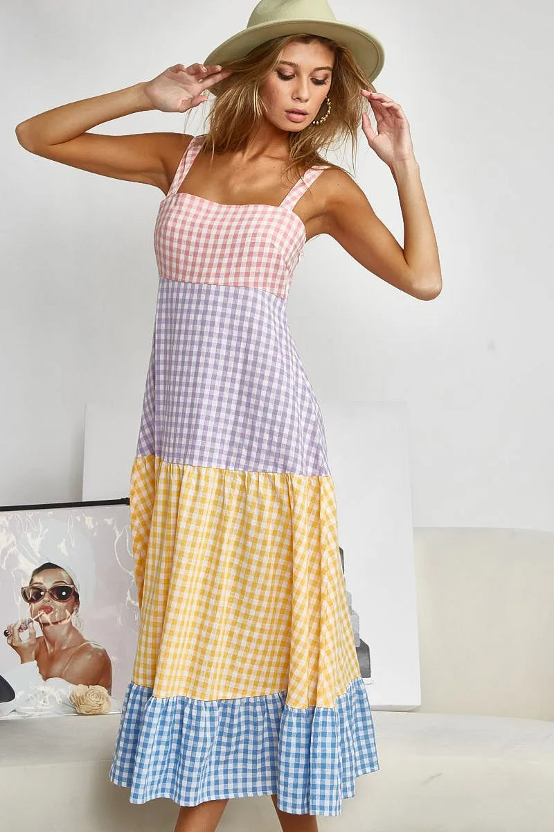 Image of BiBi Color Block Tiered Gingham Dress | Queeble.shop