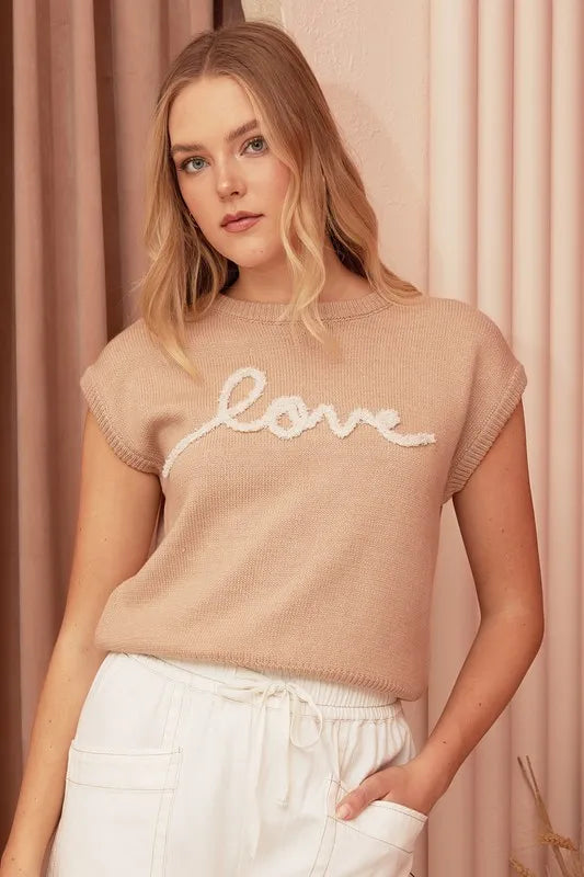 Image of Mittoshop Contrast Letter Round Neck Cap Sleeve Knit Top | Queeble.shop