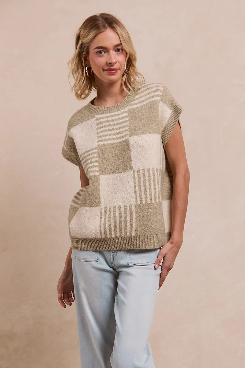 Image of BiBi Checker With Stripes Pattern Sleeveless Sweater | Queeble.shop