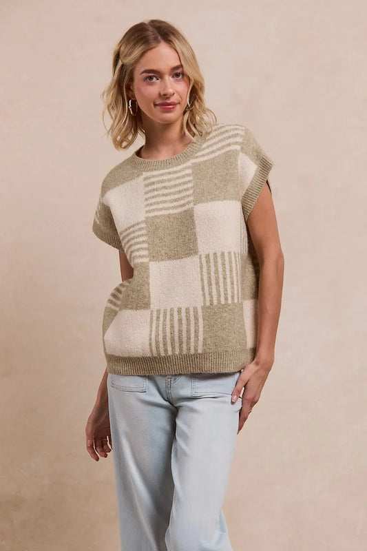 Image of BiBi Checker With Stripes Pattern Sleeveless Sweater | Queeble.shop