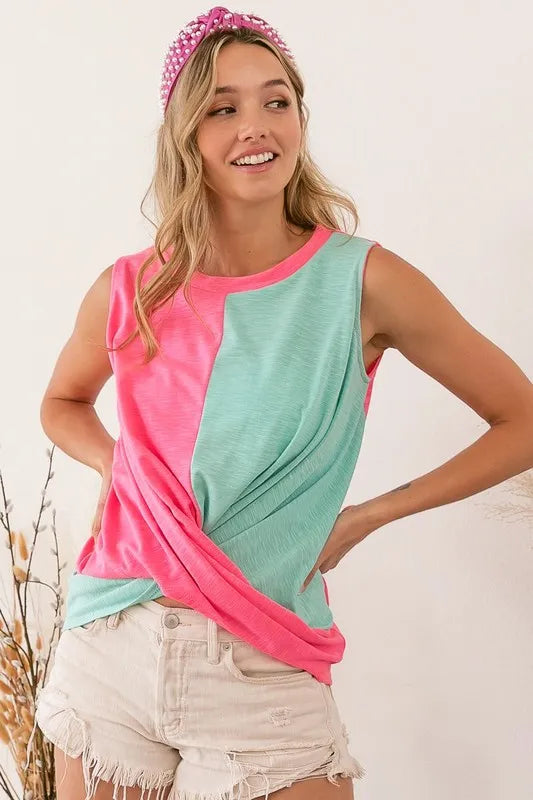 Image of BiBi Slub Terry Color Block Twisted Top | Queeble.shop