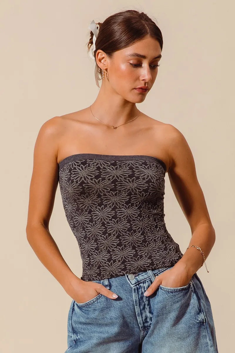 Image of SO ME Jacquard Floral Two Tone Seamless Tube Top | Queeble.shop