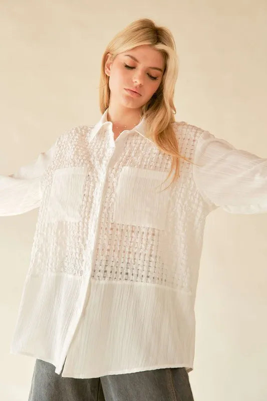 Image of Davi & Dani Crinkled Jacquard Button Down Shirt | Queeble.shop