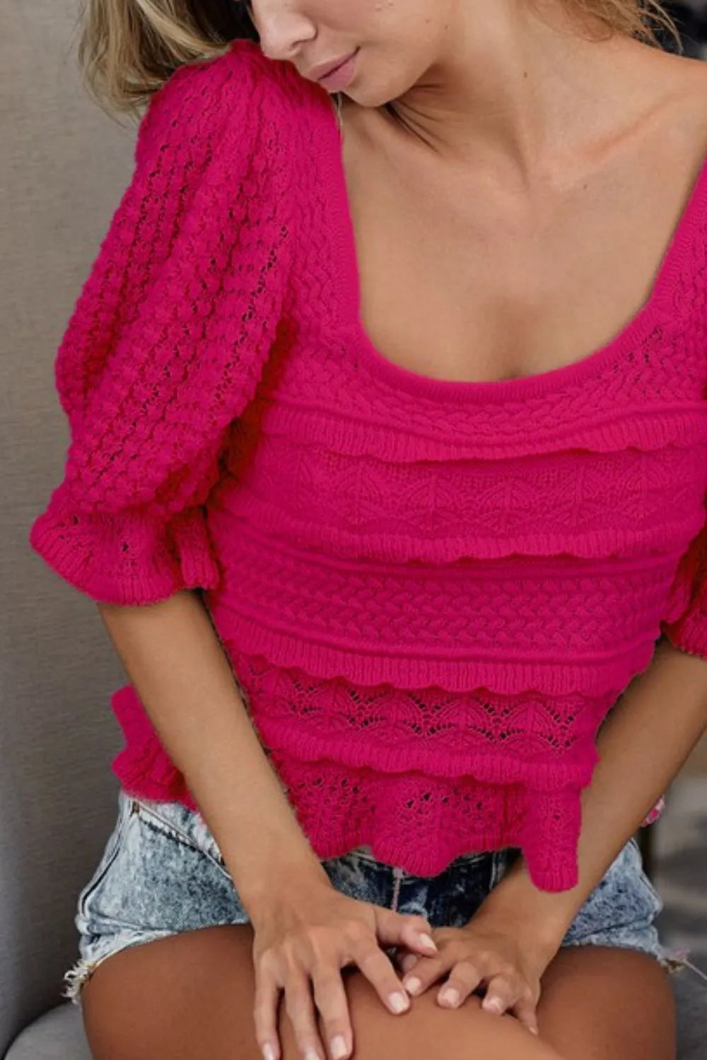 Image of BiBi Square Neckline with Puff Sleeve Crochet Top | Queeble.shop