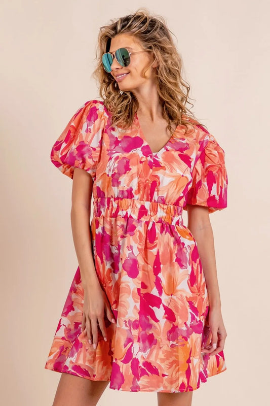 Image of BiBi Floral V-Neck Puff Sleeve Mini Dress | Queeble.shop