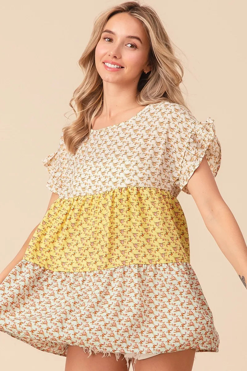 Image of BiBi Flroal Printed Woven Color Block and Tiered Top | Queeble.shop