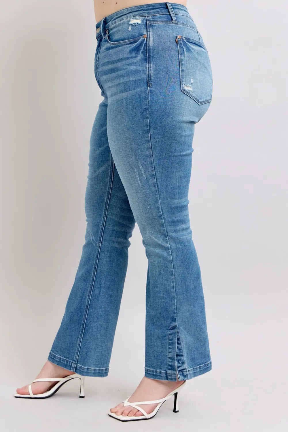 Image of Judy Blue HW Tummy Control Vintage Wash Side Slit Slim Boot Jeans | Queeble.shop