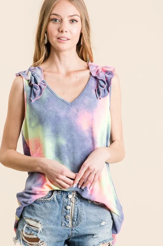 Image of BiBi Tie Dye French Terry V Neck Top with Ruffle | Queeble.shop