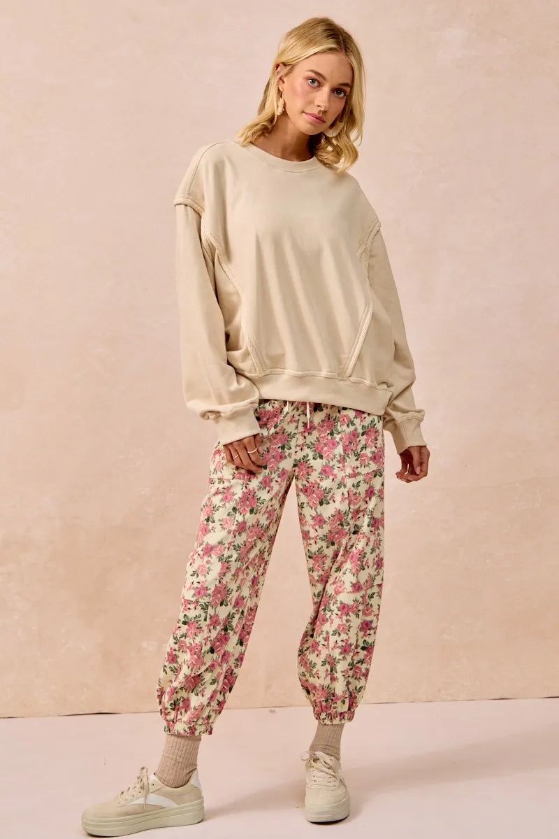 Image of BiBi Floral Printed Twill Drawstring Pants With Elastic Band | Queeble.shop