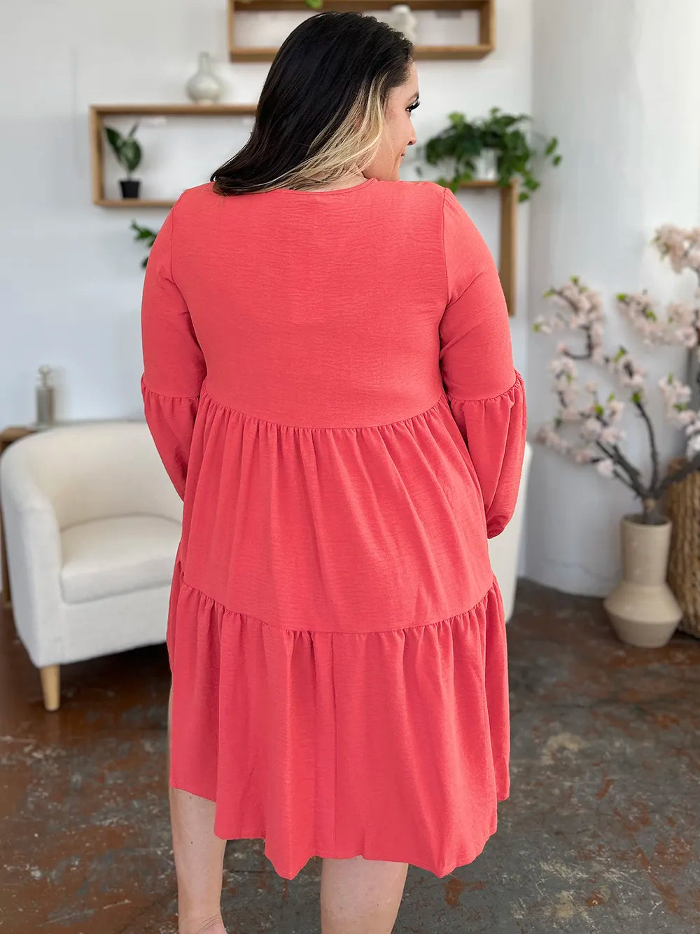 Image of Double Take Full Size V-Neck Balloon Sleeve Tiered Dress with Pockets | Queeble.shop