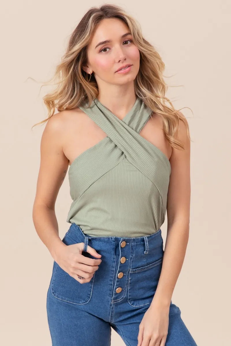 Image of BiBi Rib Knit Cross Neck Banded Top | Queeble.shop