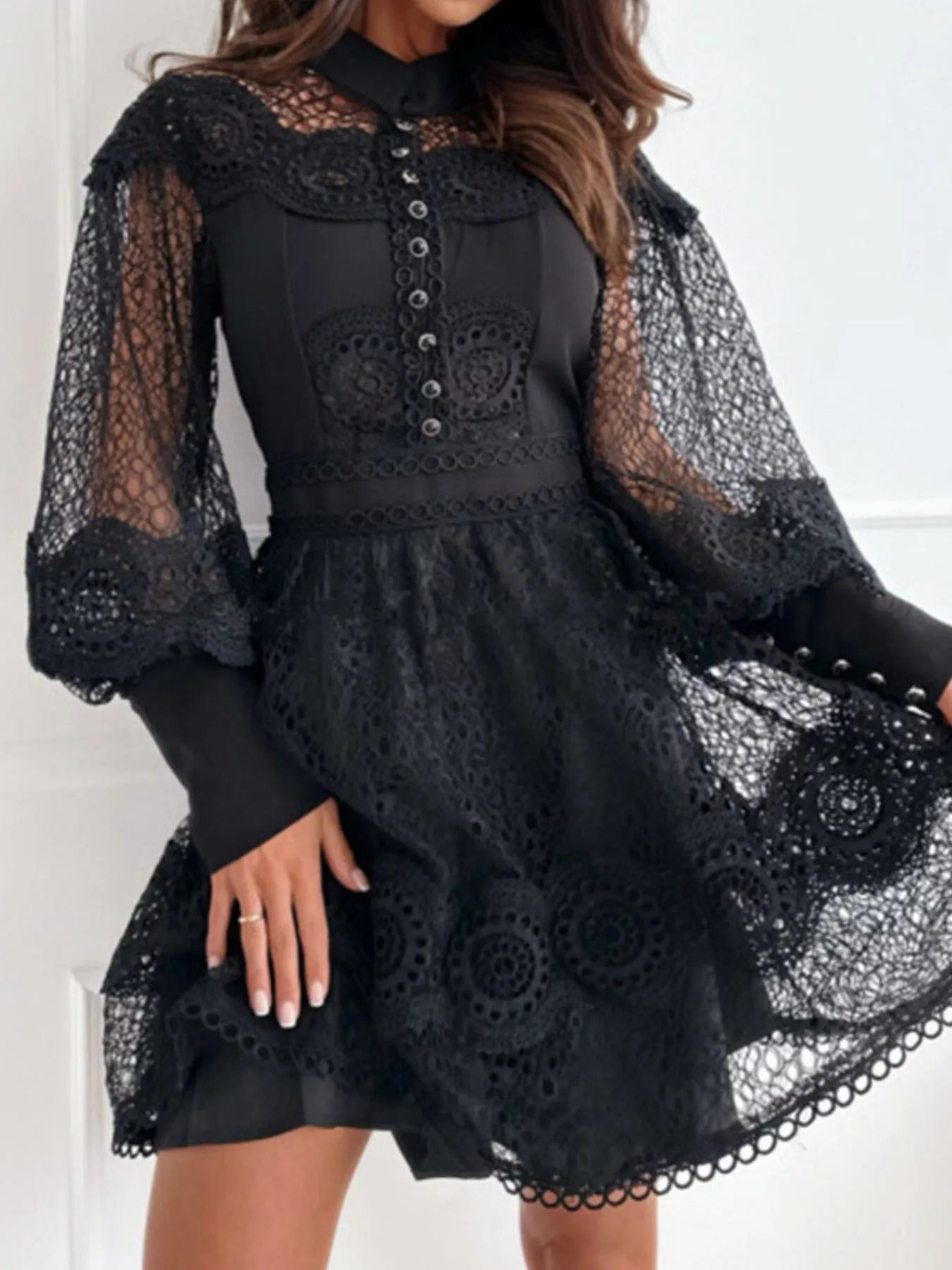 Image of Lace Lantern Sleeve Mini Dress | Queeble.shop