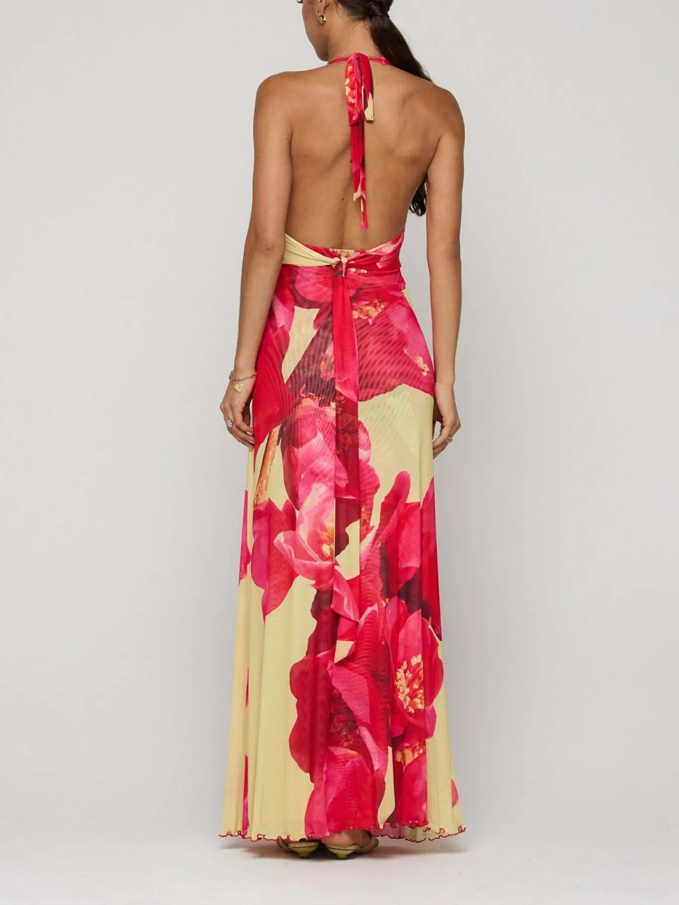 Image of Floral Halter Neck Deep V Maxi Dress | Queeble.shop