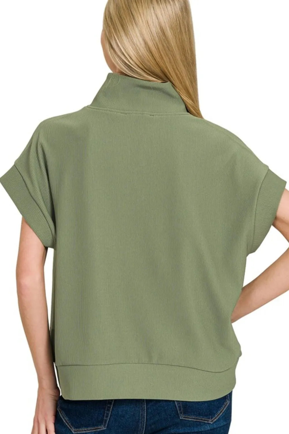 Image of Zenana Ribbed High Neck Half Zip Top | Queeble.shop