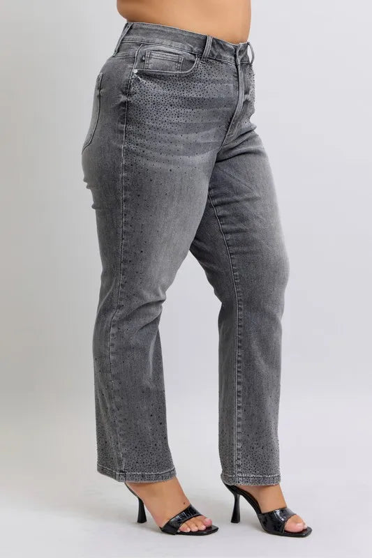 Image of Judy Blue Full Size High Waist Rhinestone Straight Jeans Plus Size | Queeble.shop