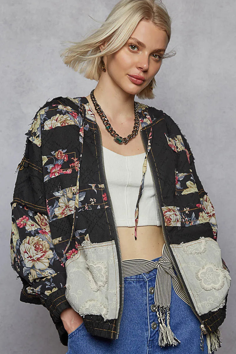 Image of POL Zip Up Floral and Lace Patch Washed Jacket | Queeble.shop