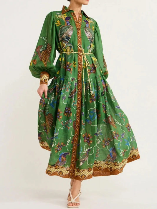 Image of Printed Lantern Sleeve Maxi Shirt Dress | Queeble.shop