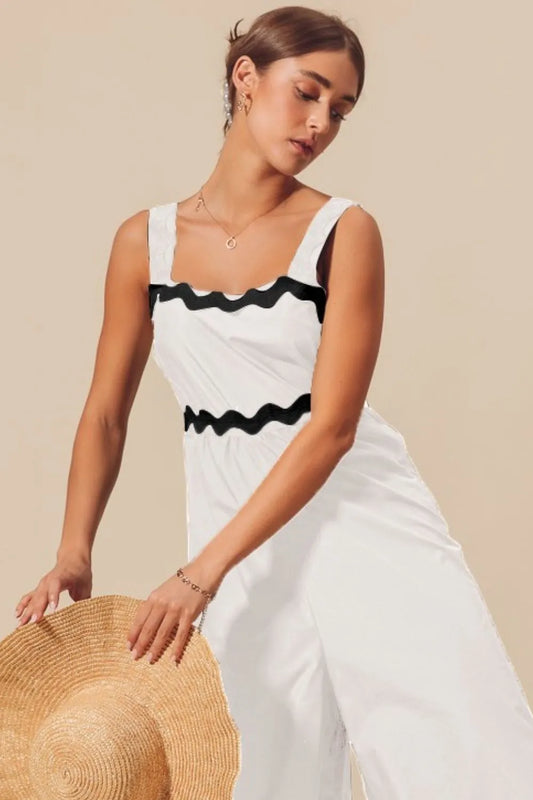 Image of SO ME Scallop Ric Rac Trimmed Wide Leg Jumpsuit | Queeble.shop
