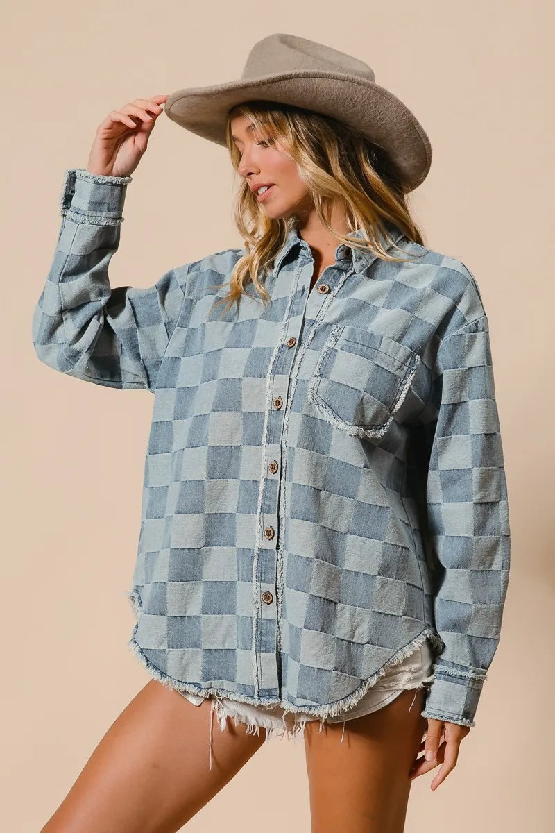 Image of BiBi Frayed Edged Detail Washed Checker Denim Shirt | Queeble.shop